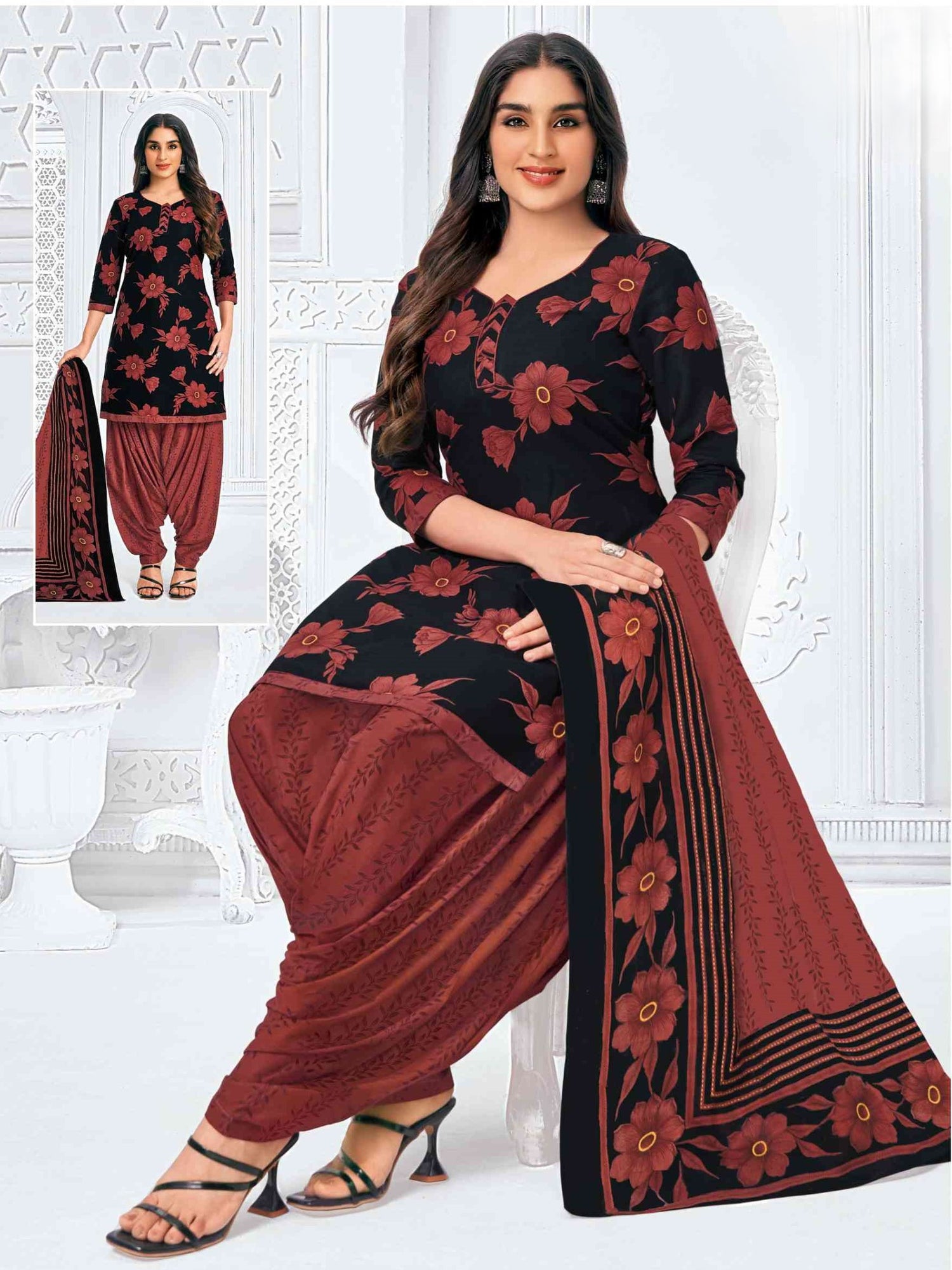 A woman wearing a Mahika Patiala Suit with a black and red floral print. The suit includes a dupatta and patiala pant.