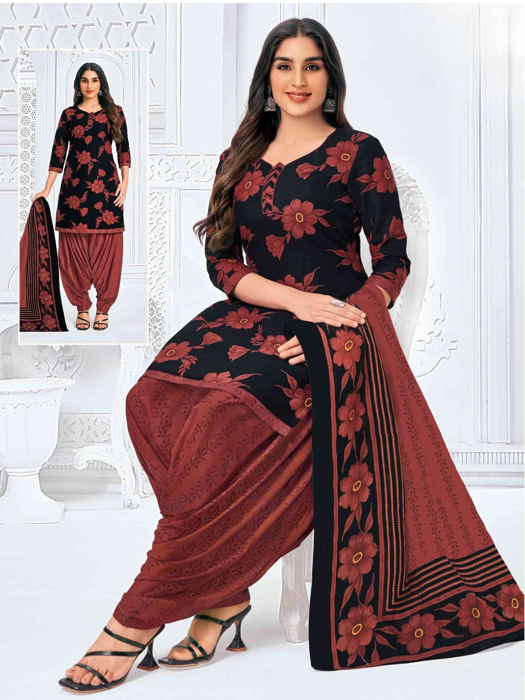 A woman wearing a Mahika Patiala Suit with a black and red floral print. The suit includes a dupatta and patiala pant.