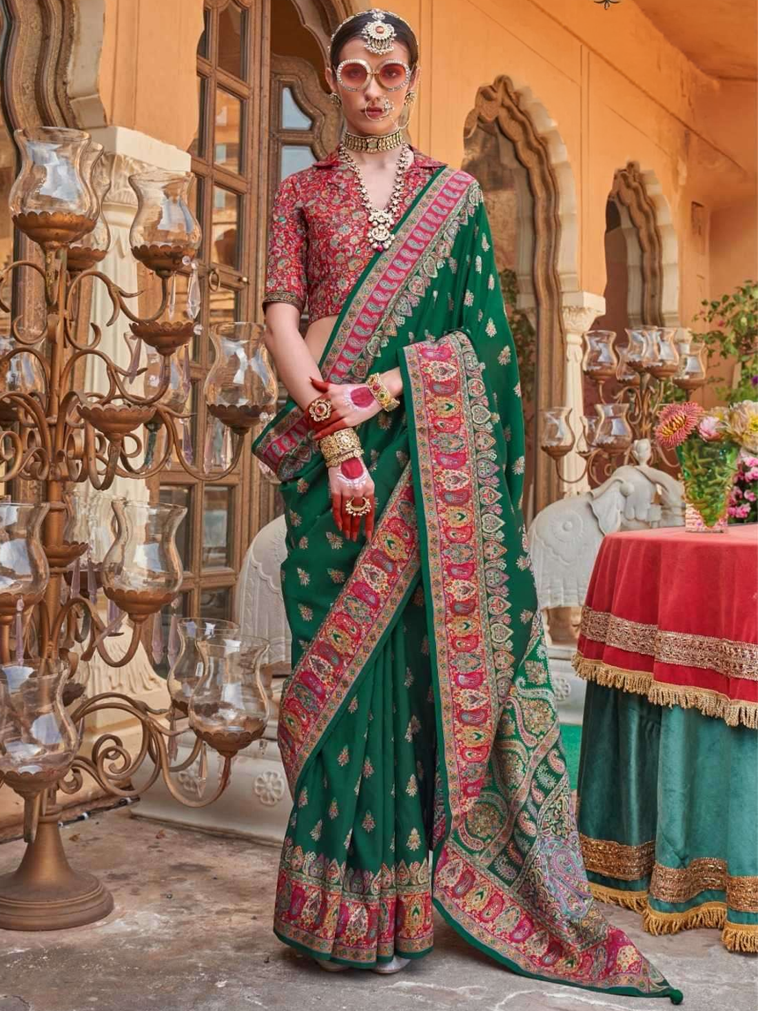 Navya Silk Printed Saree - Bottle Green