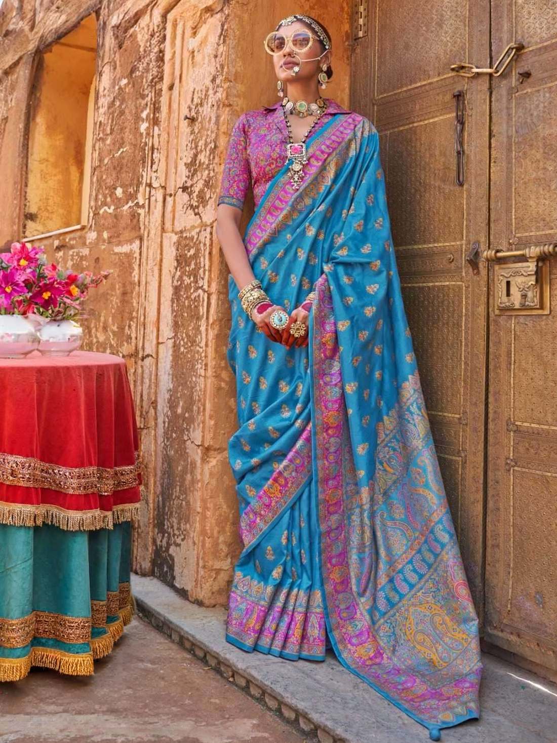 Navya Silk Printed Saree - Sky Blue