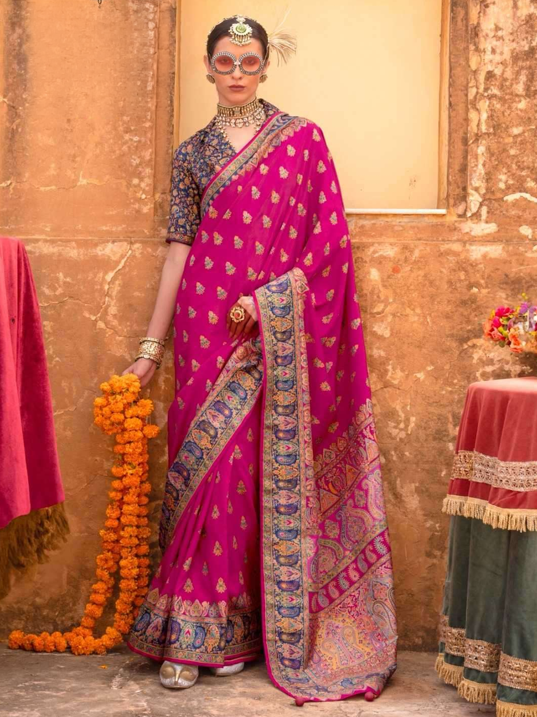 Navya Silk Printed Saree - Hot Pink
