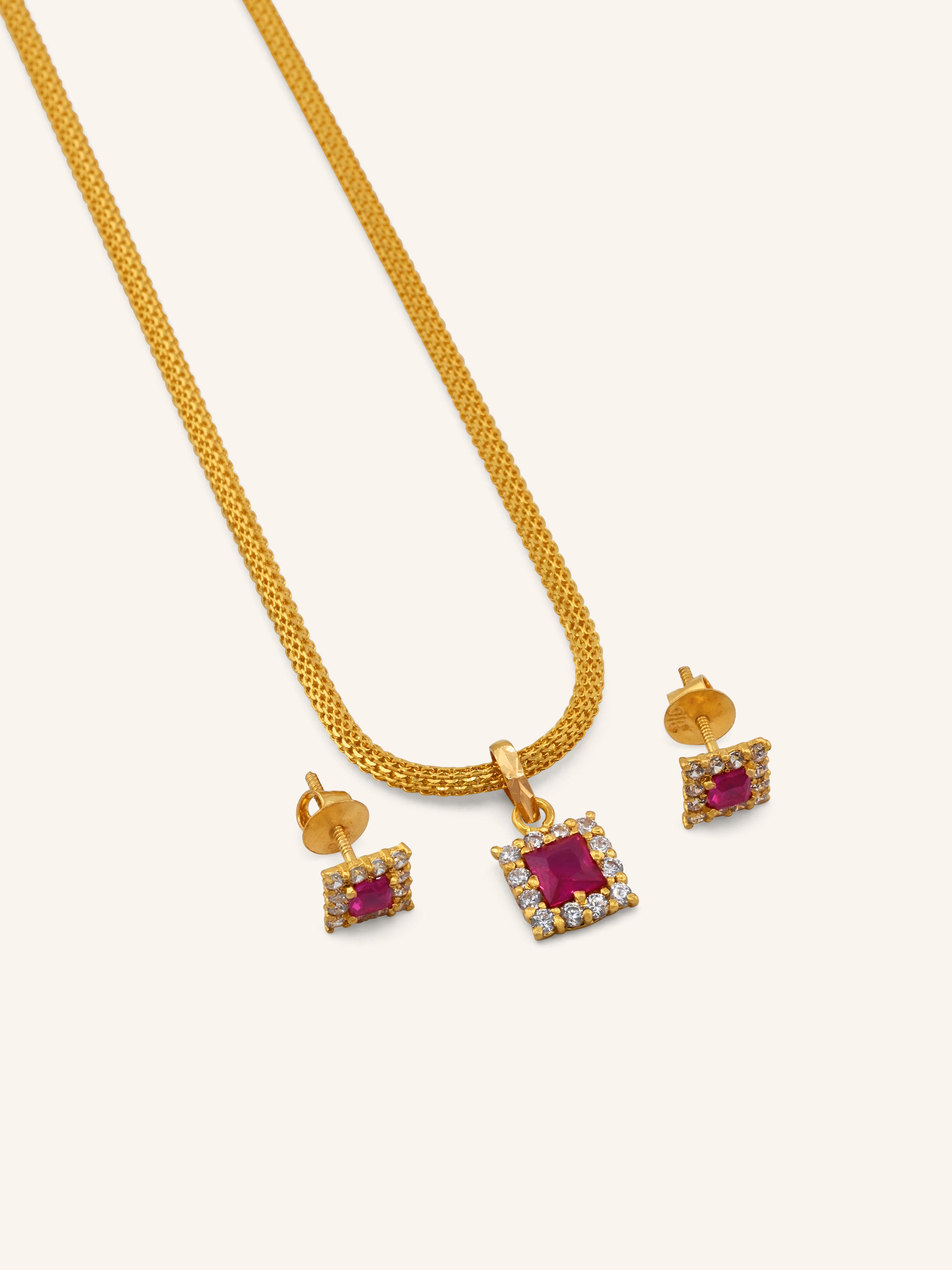 22ct Gold Pink CZ Square Pendant Set