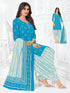 A model wearing a blue and white printed cotton Patiala suit, consisting of a salwar kameez and matching dupatta.