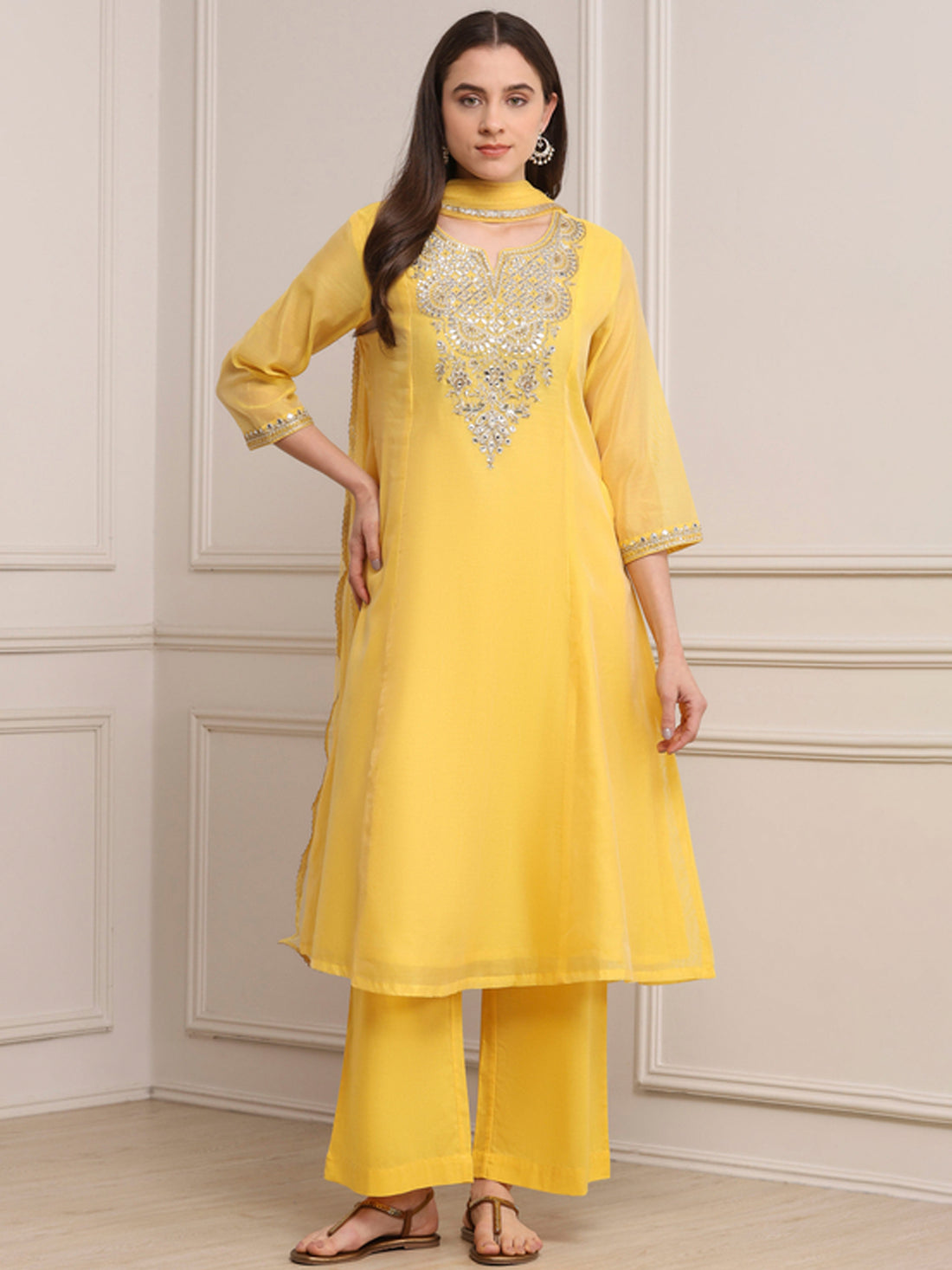 Biba Yellow Poly Chanderi Palazzo Suit