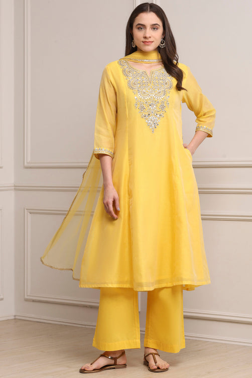 Biba Yellow Poly Chanderi Palazzo Suit